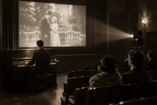 Pianiste accompagnant une projection de film muet dans une salle de cinéma des années 1920.